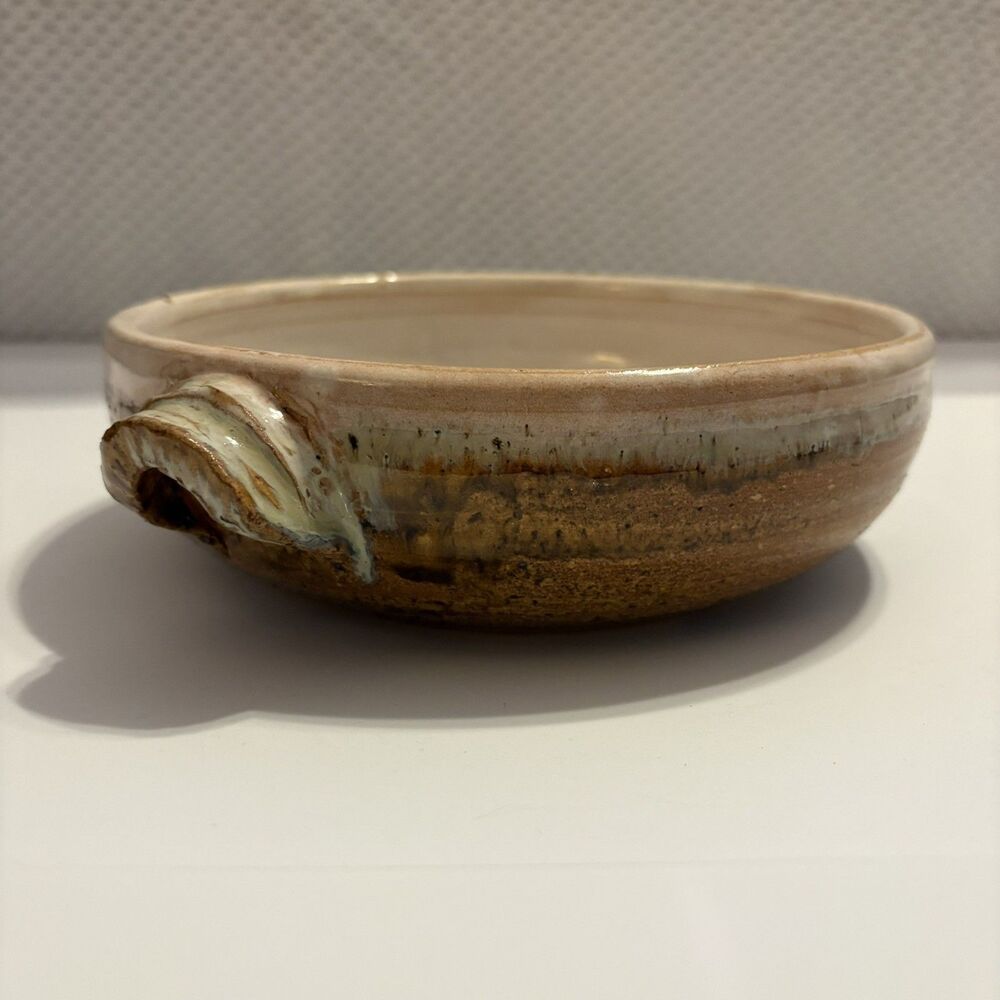Art Studio Pottery Brown Wide Bowl Dish Folk Art Decor Artist Signed 7.5x2.25
